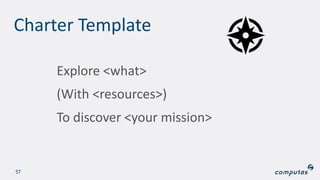 Charter Template
Explore <what>
(With <resources>)
To discover <your mission>
57
 
