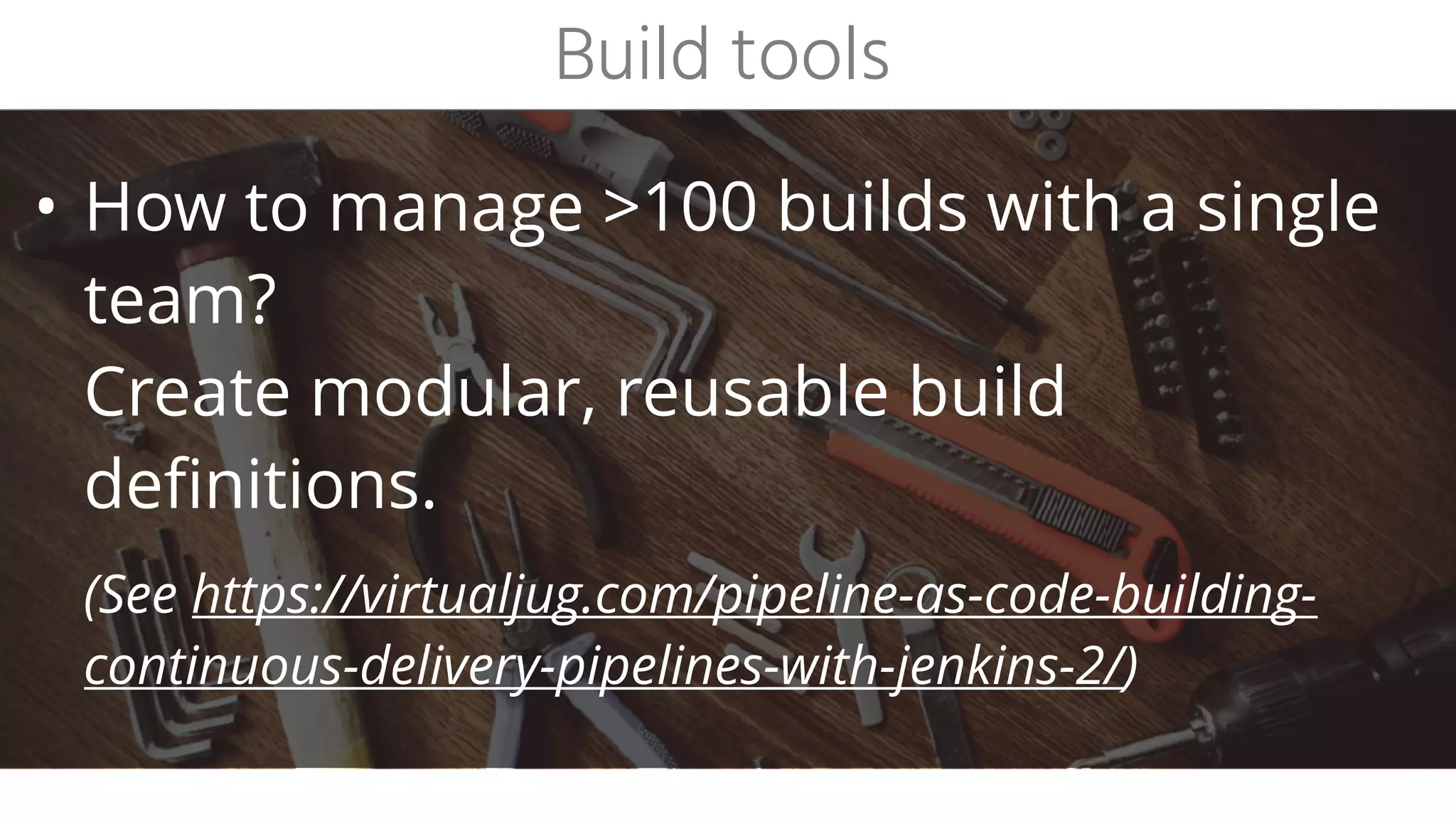 • How to know when, what and which version(s)
to deploy?
• Minimise administration and think time.
• Test environment: deploy component on commit
• Everything from test -> acc during sprint
• Everything from acc -> prod after sprint
• Single component test -> acc -> prod when needed
Deployments
 