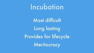 Incubation 
Most difficult 
Long lasting 
Provides for lifecycle 
Meritocracy 
 