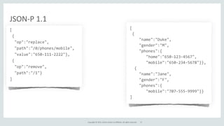 Copyright	
  ©	
  2015,	
  Oracle	
  and/or	
  its	
  affiliates.	
  All	
  rights	
  reserved.	
  
JSON-­‐P	
  1.1
[	
  
	
  {	
  
	
  	
  "op":"replace",	
  
	
  	
  "path":"/0/phones/mobile",	
  
	
  	
  "value":"650-­‐111-­‐2222"},	
  
	
  {	
  
	
  	
  "op":"remove",	
  
	
  	
  "path":"/1"}	
  
]
[	
  
	
  {	
  
	
  	
  	
  	
  "name":"Duke",	
  
	
  	
  	
  	
  "gender":"M",	
  
	
  	
  	
  	
  "phones":{	
  
	
  	
  	
  	
  	
  	
  	
  "home":"650-­‐123-­‐4567",	
  
	
  	
  	
  	
  	
  	
  	
  "mobile":"650-­‐234-­‐5678"}},	
  
	
  	
  {	
  
	
  	
  	
  	
  "name":"Jane",	
  
	
  	
  	
  	
  "gender":"F",	
  
	
  	
  	
  	
  "phones":{	
  
	
  	
  	
  	
  	
  	
  	
  "mobile":"707-­‐555-­‐9999"}}	
  
]	
  
	
  	
  
17
 