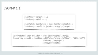 Copyright	
  ©	
  2015,	
  Oracle	
  and/or	
  its	
  affiliates.	
  All	
  rights	
  reserved.	
  
	
  JsonArray	
  target	
  =	
  …;	
  
	
  JsonArray	
  patch	
  =	
  …;	
  
	
  	
  
	
  JsonPatch	
  jsonPatch	
  =	
  new	
  JsonPatch(patch);	
  
	
  JsonArray	
  result	
  =	
  jsonPatch.apply(target);
JSON-­‐P	
  1.1
	
  JsonPatchBuilder	
  builder	
  =	
  new	
  JsonPatchBuilder();	
  
	
  JsonArray	
  result	
  =	
  builder.add("/Joe/phones/office",	
  "1234-­‐567")	
  
	
  	
  	
  	
  	
  	
  	
  	
  	
  	
  	
  	
  	
  	
  	
  	
  	
  	
  	
  	
  	
  	
  	
  	
  	
  	
  	
  .remove("/Amy/age")	
  
	
  	
  	
  	
  	
  	
  	
  	
  	
  	
  	
  	
  	
  	
  	
  	
  	
  	
  	
  	
  	
  	
  	
  	
  	
  	
  	
  .apply(contacts);
20
 