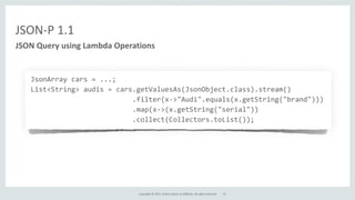 Copyright	
  ©	
  2015,	
  Oracle	
  and/or	
  its	
  affiliates.	
  All	
  rights	
  reserved.	
  
JSON-­‐P	
  1.1
JSON	
  Query	
  using	
  Lambda	
  Operations
JsonArray	
  cars	
  =	
  ...;	
  
List<String>	
  audis	
  =	
  cars.getValuesAs(JsonObject.class).stream()	
  
	
  	
  	
  	
  	
  	
  	
  	
  	
  	
  	
  	
  	
  	
  	
  	
  	
  	
  	
  	
  	
  	
  	
  	
  	
  .filter(x-­‐>"Audi".equals(x.getString("brand")))	
  
	
  	
  	
  	
  	
  	
  	
  	
  	
  	
  	
  	
  	
  	
  	
  	
  	
  	
  	
  	
  	
  	
  	
  	
  	
  .map(x-­‐>(x.getString("serial"))	
  
	
  	
  	
  	
  	
  	
  	
  	
  	
  	
  	
  	
  	
  	
  	
  	
  	
  	
  	
  	
  	
  	
  	
  	
  	
  .collect(Collectors.toList());
25
 