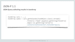 Copyright	
  ©	
  2015,	
  Oracle	
  and/or	
  its	
  affiliates.	
  All	
  rights	
  reserved.	
  
JSON-­‐P	
  1.1
JSON	
  Query	
  collecting	
  results	
  in	
  JsonArray
JsonArray	
  cars	
  =	
  ...;	
  
JsonArray	
  audis	
  =	
  cars.getValuesAs(JsonObject.class).stream()	
  
	
  	
  	
  	
  	
  	
  	
  	
  	
  	
  	
  	
  	
  	
  	
  	
  	
  	
  	
  	
  	
  	
  	
  	
  	
  	
  	
  	
  	
  	
  	
  	
  	
  	
  	
  	
  	
  	
  	
  	
  	
  	
  	
  	
  	
  	
  	
  	
  	
  	
  	
  	
  	
  .filter(x-­‐>"Audi".equals(x.getString("brand")))	
  
	
  	
  	
  	
  	
  	
  	
  	
  	
  	
  	
  	
  	
  	
  	
  	
  	
  	
  	
  	
  	
  	
  	
  	
  	
  	
  	
  	
  	
  	
  	
  	
  	
  	
  	
  	
  	
  	
  	
  	
  	
  	
  	
  	
  	
  	
  	
  	
  	
  	
  	
  	
  	
  .map(x-­‐>(x.getString("serial"))	
  
	
  	
  	
  	
  	
  	
  	
  	
  	
  	
  	
  	
  	
  	
  	
  	
  	
  	
  	
  	
  	
  	
  	
  	
  	
  	
  	
  	
  	
  	
  	
  	
  	
  	
  	
  	
  	
  	
  	
  	
  	
  	
  	
  	
  	
  	
  	
  	
  	
  	
  	
  	
  	
  .collect(JsonCollectors.toJsonArray());
26
 