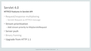 Copyright	
  ©	
  2015,	
  Oracle	
  and/or	
  its	
  affiliates.	
  All	
  rights	
  reserved.	
  
Servlet	
  4.0
• Request/response	
  multiplexing	
  
– Servlet	
  Request	
  as	
  HTTP/2	
  message	
  
• Stream	
  prioritization	
  
– Add	
  stream	
  priority	
  to	
  HttpServletRequest	
  
• Server	
  push	
  
• Binary	
  framing	
  
• Upgrade	
  from	
  HTTP	
  1.1
HTTP/2	
  Features	
  in	
  Servlet	
  API
45
 