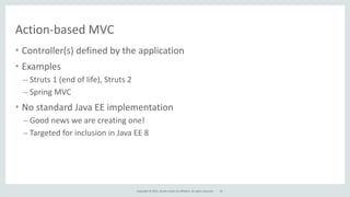 Copyright	
  ©	
  2015,	
  Oracle	
  and/or	
  its	
  affiliates.	
  All	
  rights	
  reserved.
Action-­‐based	
  MVC
• Controller(s)	
  defined	
  by	
  the	
  application	
  
• Examples	
  
– Struts	
  1	
  (end	
  of	
  life),	
  Struts	
  2	
  
– Spring	
  MVC	
  
• No	
  standard	
  Java	
  EE	
  implementation	
  
– Good	
  news	
  we	
  are	
  creating	
  one!	
  
– Targeted	
  for	
  inclusion	
  in	
  Java	
  EE	
  8
55
 
