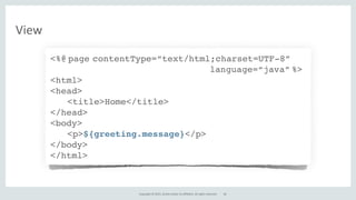 Copyright	
  ©	
  2015,	
  Oracle	
  and/or	
  its	
  affiliates.	
  All	
  rights	
  reserved.
View
<%@ page contentType=“text/html;charset=UTF-8”
language=“java” %>
<html>
<head>
<title>Home</title>
</head>
<body>
<p>${greeting.message}</p>
</body>
</html>
66
 