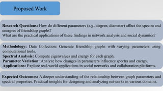 Research Questions: How do different parameters (e.g., degree, diameter) affect the spectra and
energies of friendship graphs?
What are the practical applications of these findings in network analysis and social dynamics?
Methodology: Data Collection: Generate friendship graphs with varying parameters using
computational tools.
Spectral Analysis: Compute eigenvalues and energy for each graph.
Parameter Variation: Analyze how changes in parameters influence spectra and energy.
Applications: Explore real-world applications in social networks and collaboration platforms.
Expected Outcomes: A deeper understanding of the relationship between graph parameters and
spectral properties. Practical insights for designing and analyzing networks in various domains.
Proposed Work
 