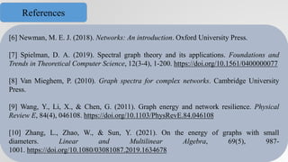 [6] Newman, M. E. J. (2018). Networks: An introduction. Oxford University Press.
[7] Spielman, D. A. (2019). Spectral graph theory and its applications. Foundations and
Trends in Theoretical Computer Science, 12(3-4), 1-200. https://doi.org/10.1561/0400000077
[8] Van Mieghem, P. (2010). Graph spectra for complex networks. Cambridge University
Press.
[9] Wang, Y., Li, X., & Chen, G. (2011). Graph energy and network resilience. Physical
Review E, 84(4), 046108. https://doi.org/10.1103/PhysRevE.84.046108
[10] Zhang, L., Zhao, W., & Sun, Y. (2021). On the energy of graphs with small
diameters. Linear and Multilinear Algebra, 69(5), 987-
1001. https://doi.org/10.1080/03081087.2019.1634678
References
 