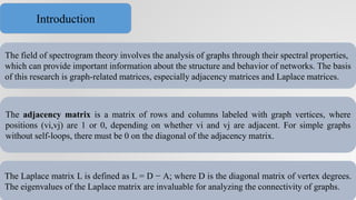 The field of spectrogram theory involves the analysis of graphs through their spectral properties,
which can provide important information about the structure and behavior of networks. The basis
of this research is graph-related matrices, especially adjacency matrices and Laplace matrices.
The adjacency matrix is a matrix of rows and columns labeled with graph vertices, where
positions (vi,vj) are 1 or 0, depending on whether vi and vj are adjacent. For simple graphs
without self-loops, there must be 0 on the diagonal of the adjacency matrix.
The Laplace matrix L is defined as L = D − A; where D is the diagonal matrix of vertex degrees.
The eigenvalues ​​of the Laplace matrix are invaluable for analyzing the connectivity of graphs.
Introduction
 
