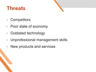 Threats
• Competitors
• Poor state of economy
• Outdated technology
• Unprofessional management skills
• New products and services