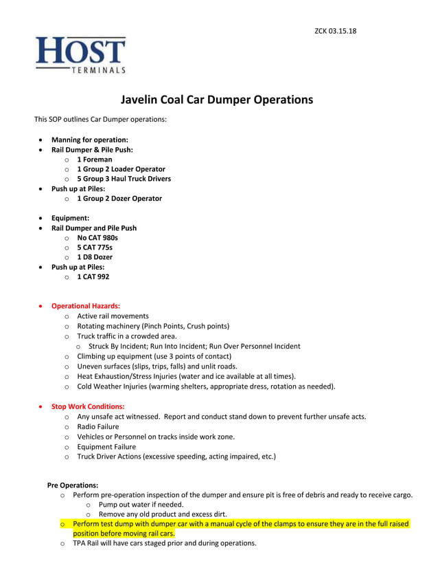 SOP Javelin Coal Car Dumper Operations PDF