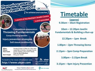 Timetable
            (approx)
   9.30am – 10am Registration

    10am – 12.20pm Javelin
Fundamentals & Building a Run-up

     12.20pm – 1pm Break

 1.00pm – 2pm Throwing Demo

2.15pm – 3pm Comp Preparation

     3.00pm – 3.15pm Break

 3.15pm – 4pm Injury Prevention
 