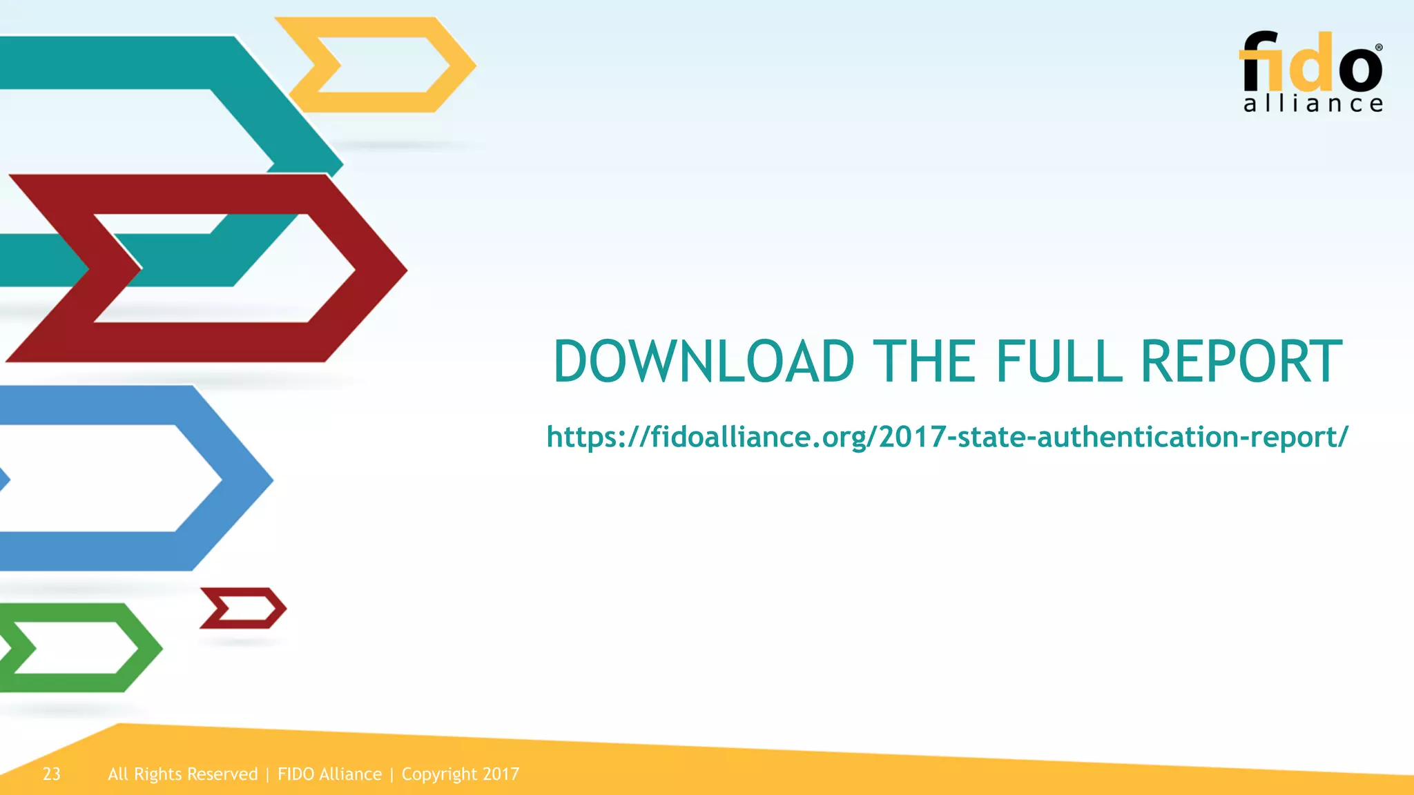 All Rights Reserved | FIDO Alliance | Copyright 201723
DOWNLOAD THE FULL REPORT
https://fidoalliance.org/2017-state-authentication-report/
 