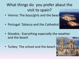 What things do you prefer abaut the
visit to spain?
• Vienna: The boys/girls and the beach
• Portugal: Tabarca and the Cathedral
• Slovakia : Everything especially the weather
and the beach
• Turkey: The school and the beach
 