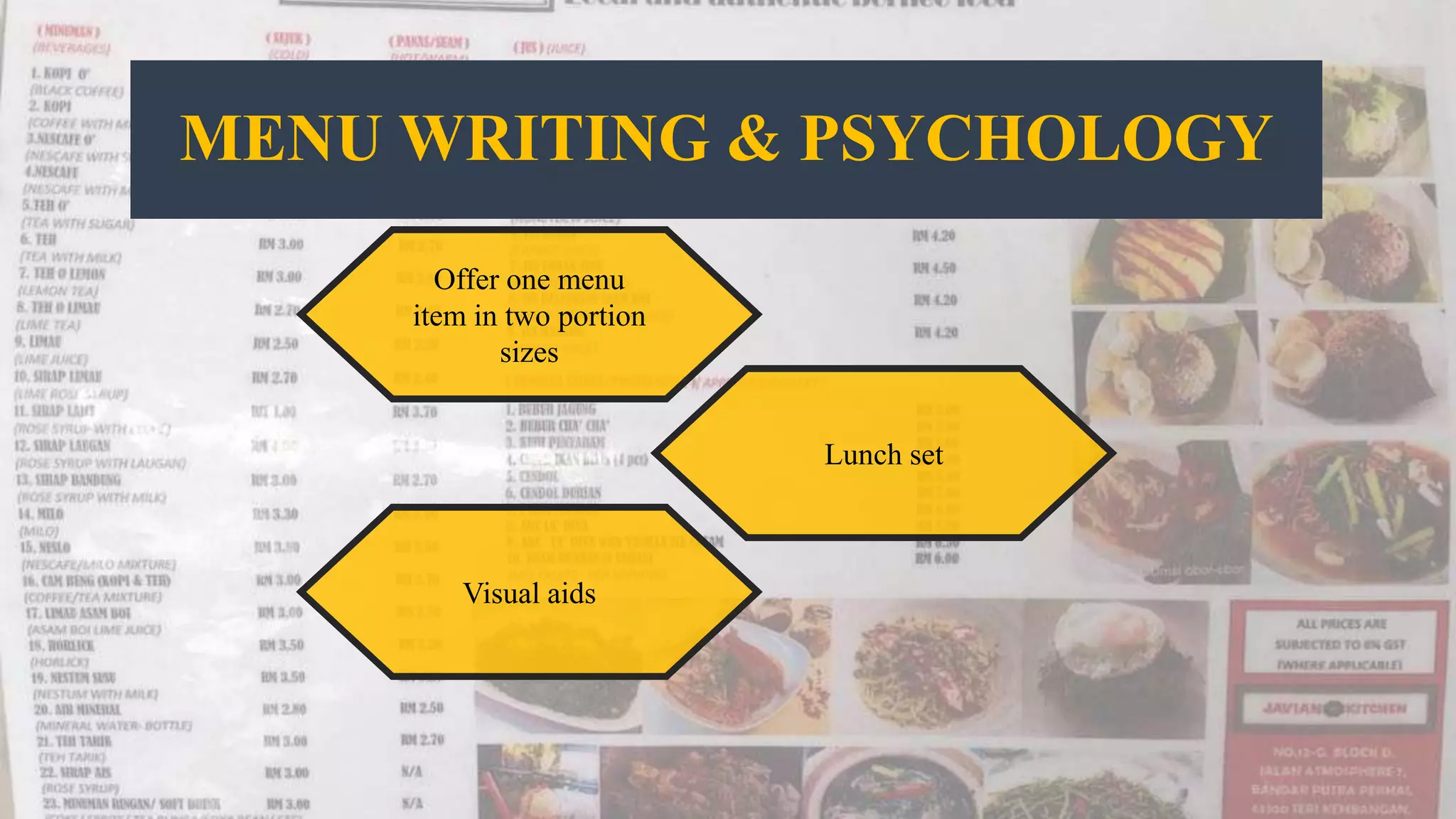 MENU WRITING & PSYCHOLOGY
Offer one menu
item in two portion
sizes
Lunch set
Visual aids
 