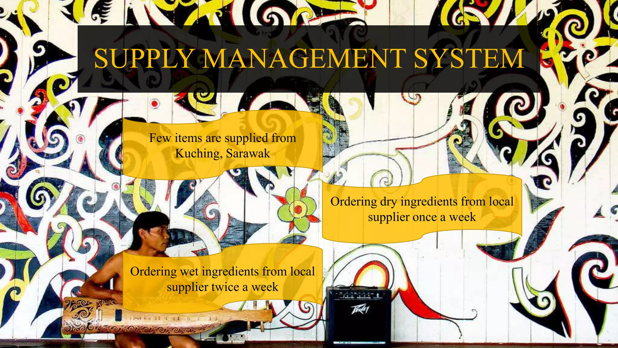 SUPPLY MANAGEMENT SYSTEM
Few items are supplied from
Kuching, Sarawak
Ordering dry ingredients from local
supplier once a week
Ordering wet ingredients from local
supplier twice a week
 