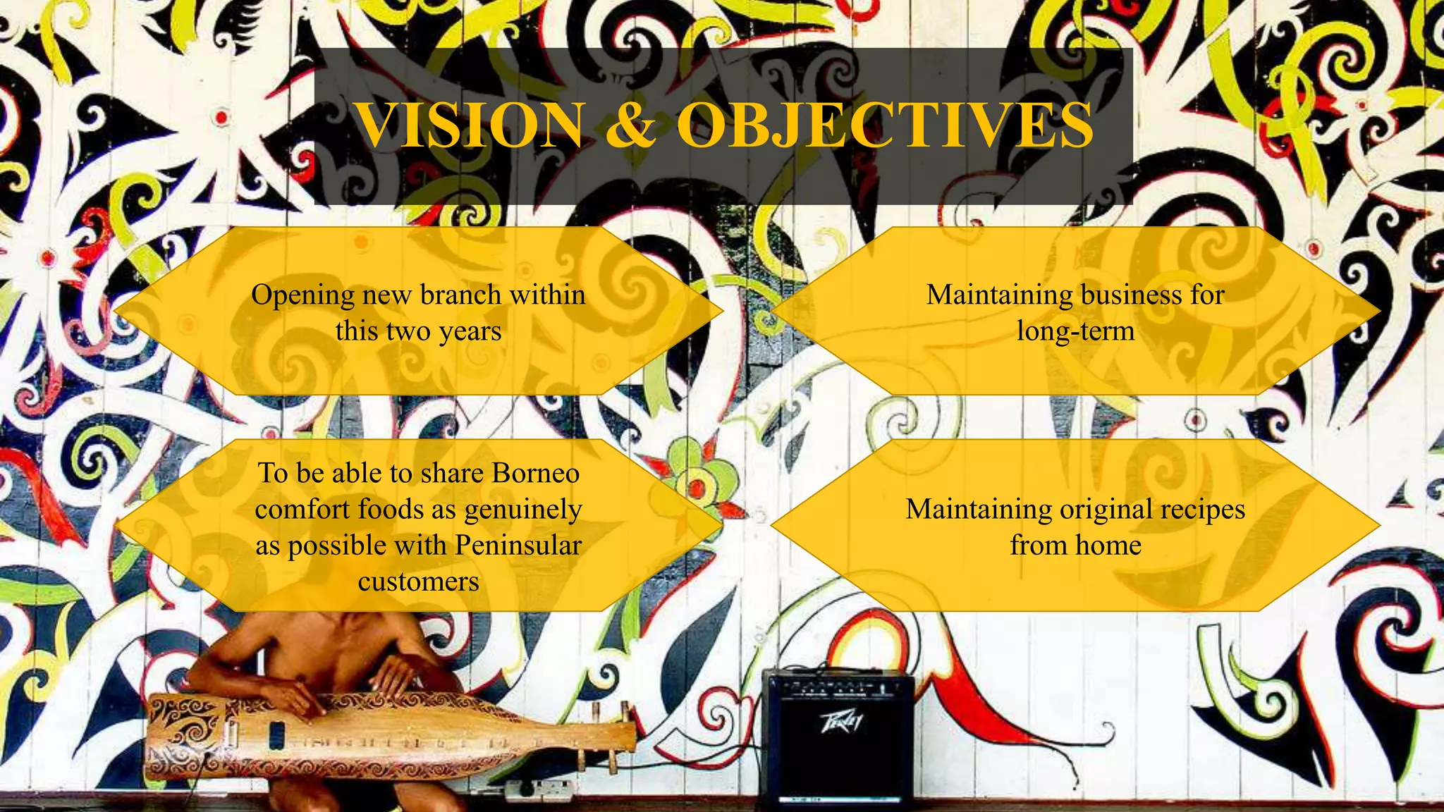 VISION & OBJECTIVES
Opening new branch within
this two years
Maintaining business for
long-term
Maintaining original recipes
from home
To be able to share Borneo
comfort foods as genuinely
as possible with Peninsular
customers
 