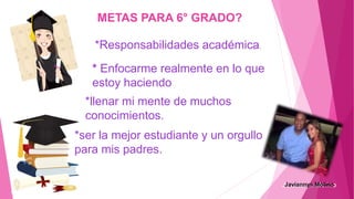 METAS PARA 6° GRADO?
*Responsabilidades académica.
*ser la mejor estudiante y un orgullo
para mis padres.
*llenar mi mente de muchos
conocimientos.
* Enfocarme realmente en lo que
estoy haciendo
 