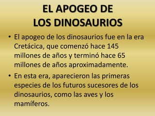 EL APOGEO DE
        LOS DINOSAURIOS
• El apogeo de los dinosaurios fue en la era
  Cretácica, que comenzó hace 145
  millones de años y terminó hace 65
  millones de años aproximadamente.
• En esta era, aparecieron las primeras
  especies de los futuros sucesores de los
  dinosaurios, como las aves y los
  mamíferos.
 