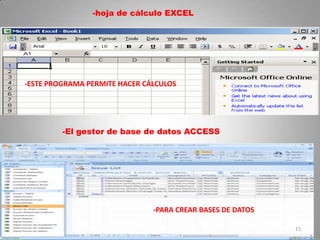 -hoja de cálculo EXCEL




-ESTE PROGRAMA PERMITE HACER CÁLCULOS




         -El gestor de base de datos ACCESS




                               -PARA CREAR BASES DE DATOS

                                                            15
 