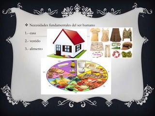  Necesidades fundamentales del ser humano

1.- casa
2.- vestido
3.- alimento

 