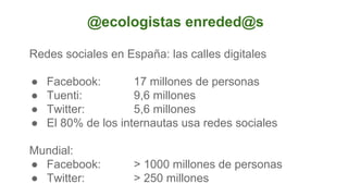 @ecologistas enreded@s
Redes sociales en España: las calles digitales
●
●
●
●

Facebook:
17 millones de personas
Tuenti:
9,6 millones
Twitter:
5,6 millones
El 80% de los internautas usa redes sociales

Mundial:
● Facebook:
● Twitter:

> 1000 millones de personas
> 250 millones

 