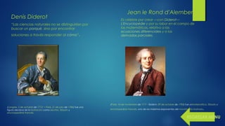 Denis Diderot
“Las ciencias naturales no se distinguirían por
buscar un porqué, sino por encontrar
soluciones a través responder al cómo”.
Jean le Rond d'Alembert
Es célebre por crear —con Diderot— 
L'Encyclopédie y por su labor en el campo de
las matemáticas, relativo a las 
ecuaciones diferenciales y a las 
derivadas parciales.
(Langres, 5 de octubre de 17131
 – París, 31 de julio de 1784) fue una
figura decisiva de la Ilustración como escritor, filósofo y
enciclopedista francés.
(París; 16 de noviembre de 1717 - Íbidem; 29 de octubre de 1783) fue unmatemático, filósofo y 
enciclopedista francés, uno de los máximos exponentes del movimiento ilustrado.
REGRESAR MENU
 