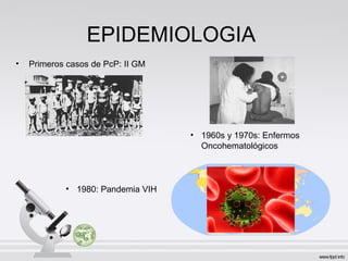 EPIDEMIOLOGIA
• Primeros casos de PcP: II GM
• 1960s y 1970s: Enfermos
Oncohematológicos
• 1980: Pandemia VIH
 