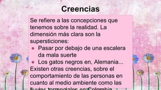 Creencias
Se refiere a las concepciones que
tenemos sobre la realidad. La
dimensión más clara son la
supersticiones:
● Pasar por debajo de una escalera
da mala suerte
● Los gatos negros en, Alemania...
Existen otras creencias, sobre el
comportamiento de las personas en
cuanto al medio ambiente como las
 