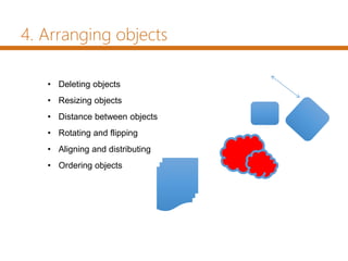 • Deleting objects
• Resizing objects
• Distance between objects
• Rotating and flipping
• Aligning and distributing
• Ordering objects
4. Arranging objects
 