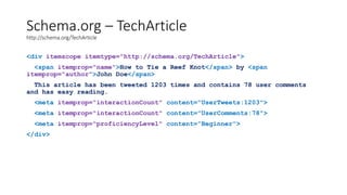 Schema.org – TechArticle
http://schema.org/TechArticle

<div itemscope itemtype="http://schema.org/TechArticle">
<span itemprop="name">How to Tie a Reef Knot</span> by <span
itemprop="author">John Doe</span>
This article has been tweeted 1203 times and contains 78 user comments
and has easy reading.
<meta itemprop="interactionCount" content="UserTweets:1203">

<meta itemprop="interactionCount" content="UserComments:78">
<meta itemprop="proficiencyLevel" content="Beginner">

</div>

 