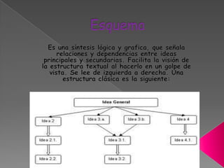 Esquema                  Es una síntesis lógica y grafica, que señala relaciones y dependencias entre ideas principales y secundarias. Facilita la visión de la estructura textual al hacerlo en un golpe de vista. Se lee de izquierda a derecha. Una estructura clásica es la siguiente: