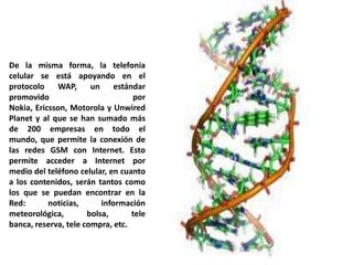 De la misma forma, la telefonía
celular se está apoyando en el
protocolo     WAP,     un     estándar
promovido                          por
Nokia, Ericsson, Motorola y Unwired
Planet y al que se han sumado más
de 200 empresas en todo el
mundo, que permite la conexión de
las redes GSM con Internet. Esto
permite acceder a Internet por
medio del teléfono celular, en cuanto
a los contenidos, serán tantos como
los que se puedan encontrar en la
Red:       noticias,      información
meteorológica,        bolsa,       tele
banca, reserva, tele compra, etc.
 