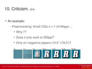 20 | Internal use only20 of 25 | Javier de la Rosa | Hybrid Page Layout Analysis via Tab-Stop Detection | CS 9883
10. Criticism. (2/4)
• An example:
– Preprocessing: Small CCs: h < 7 (@300ppi) ...
• Why 7?
• Does it only work at 300ppi?
• Only on magazine papers (10.5” x78.5”)?
 