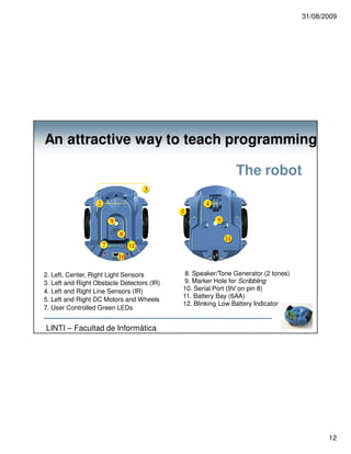 31/08/2009




An attractive way to teach programming

                                                             The robot




                             12




2. Left, Center, Right Light Sensors         8. Speaker/Tone Generator (2 tones)
3. Left and Right Obstacle Detectors (IR)    9. Marker Hole for Scribbling
4. Left and Right Line Sensors (IR)         10. Serial Port (9V on pin 8)
                                            11. Battery Bay (6AA)
5. Left and Right DC Motors and Wheels
                                            12. Blinking Low Battery Indicator
7. User Controlled Green LEDs


LINTI – Facultad de Informática




                                                                                          12
 