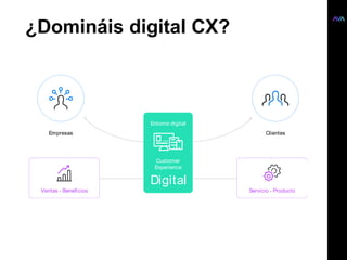 ¿Domináis digital CX?
Servicio - ProductoVentas - Beneﬁcios
Customer
Experience
Empresas Clientes
Entorno digital
Digital
 