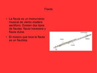Flauta 
● La flauta es un instrumento 
musical de viento madera 
aerófono. Existen dos tipos 
de flautas: flauta travesera y 
flauta dulce. 
● El músico que toca la flauta 
es un flautista. 
 