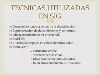 TECNICAS UTILIZADAS
      EN SIG
                           
   Creación de datos: a través de la digitalización.
   Representación de datos discretos y continuos.
   Almacenamiento raster o vectorial.
   RASTER:
   división del espacio en celdas de único valor.
   Ventajas:
                    estructura simple.
                     operaciones sencillas.
                    ideal para variaciones de datos.
                    buen almacenamiento de imágenes-
 