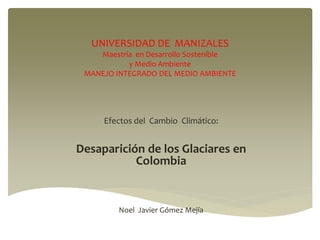UNIVERSIDAD DE MANIZALES 
Maestría en Desarrollo Sostenible 
y Medio Ambiente 
MANEJO INTEGRADO DEL MEDIO AMBIENTE 
Efectos del Cambio Climático: 
Desaparición de los Glaciares en 
Colombia 
Noel Javier Gómez Mejía 
 