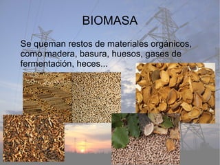 BIOMASA
Se queman restos de materiales orgánicos,
como madera, basura, huesos, gases de
fermentación, heces...
 