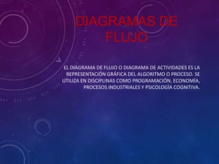 DIAGRAMAS DE
FLUJO
EL DIAGRAMA DE FLUJO O DIAGRAMA DE ACTIVIDADES ES LA
REPRESENTACIÓN GRÁFICA DEL ALGORITMO O PROCESO. SE
UTILIZA EN DISCIPLINAS COMO PROGRAMACIÓN, ECONOMÍA,
PROCESOS INDUSTRIALES Y PSICOLOGÍA COGNITIVA.

 