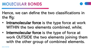 Hence, we can define the two classifications in
the ffg:
• Intramolecular force is the type force at work
WITHIN the two elements combined, while;
• Intermolecular force is the type of force at
work OUTSIDE the two elements joining them
with the other group of combined elements.
ADD A FOOTER
13
 