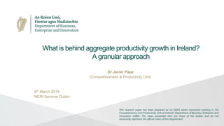 What is behind aggregate productivity growth in Ireland?
A granular approach
Dr Javier Papa
(Competitiveness & Productivity Unit)
6th March 2019
NERI Seminar Dublin
This research paper has been prepared by an IGEES senior economist working in the
Competitiveness and Productivity Unit of Ireland’s Department of Business, Enterprise and
Innovation (DBEI). The views presented here are those of the author and do not
necessarily represent the official views of this Department.
 