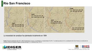 AMBIENTE, Instituto Distrital de Gestión de Riesgos y Cambio Climático - IDIGER
Fuente: Proceso de canalización entre 1917 y 1948. El trazado del río, en azul, y su canalización, en naranja Atuesta, M. (2011), “La ciudad que pasó por el río. La canalización del río San Francisco y la construcción de
la Avenida Jiménez de Quesada en Bogotá a principios del siglo XX”, en Territorios 25, pp. 191-211.
La necesidad de canalizar fue planteada inicialmente en 1884
Rio San Francisco
 