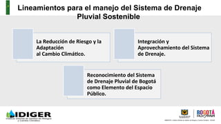 AMBIENTE, Instituto Distrital de Gestión de Riesgos y Cambio Climático - IDIGER
Lineamientos para el manejo del Sistema de Drenaje
Pluvial Sostenible
La	
  Reducción	
  de	
  Riesgo	
  y	
  la	
  
Adaptación	
  
al	
  Cambio	
  ClimáYco.	
  
Integración	
  y	
  
Aprovechamiento	
  del	
  Sistema	
  
de	
  Drenaje.	
  
Reconocimiento	
  del	
  Sistema	
  
de	
  Drenaje	
  Pluvial	
  de	
  Bogotá	
  
como	
  Elemento	
  del	
  Espacio	
  
Público.	
  
 