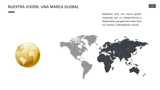 14
NUESTRA VISION: UNA MARCA GLOBAL
Vadevalor será una marca global,
respetada por su independencia y
objetividad, que generará valor para
sus clientes, trabajadores y socios.
 
