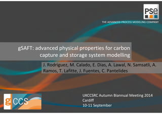 THE ADVANCED PROCESS MODELING COMPANY 
gSAFT: advanced physical properties for carbon 
© 2014 Process Systems Enterprise Limited 
capture and storage system modelling 
J. Rodriguez, M. Calado, E. Dias, A. Lawal, N. Samsatli, A. 
Ramos, T. Lafitte, J. Fuentes, C. Pantelides 
UKCCSRC Autumn Biannual Meeting 2014 
Cardiff 
10-11 September 
 