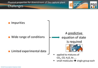 Physical properties for downstream of the capture plant 
Challenges 
© 2014 Process Systems Enterprise Limited 
 applied to mixtures of 
CO2, CO, H2O, Ar….. 
 small molecules  single group each 
 Impurities 
 Wide range of conditions 
 Limited experimental data 
A predictive 
equation of state 
is required 
 