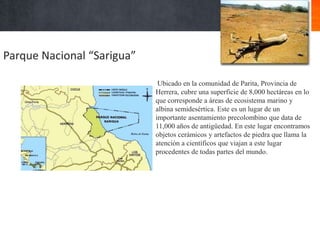 Parque Nacional “Sarigua”

                             Ubicado en la comunidad de Parita, Provincia de
                            Herrera, cubre una superficie de 8,000 hectáreas en lo
                            que corresponde a áreas de ecosistema marino y
                            albina semidesértica. Este es un lugar de un
                            importante asentamiento precolombino que data de
                            11,000 años de antigüedad. En este lugar encontramos
                            objetos cerámicos y artefactos de piedra que llama la
                            atención a científicos que viajan a este lugar
                            procedentes de todas partes del mundo.
 