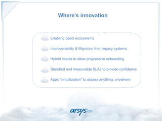 Where’s innovation



•    Enabling SaaS ecosystems

•    Interoperability & Migration from legacy systems

•    Hybrid clouds to allow progressive onboarding

•    Standard and measurable SLAs to provide confidence

•    Apps “virtualization” to access anything, anywhere
 